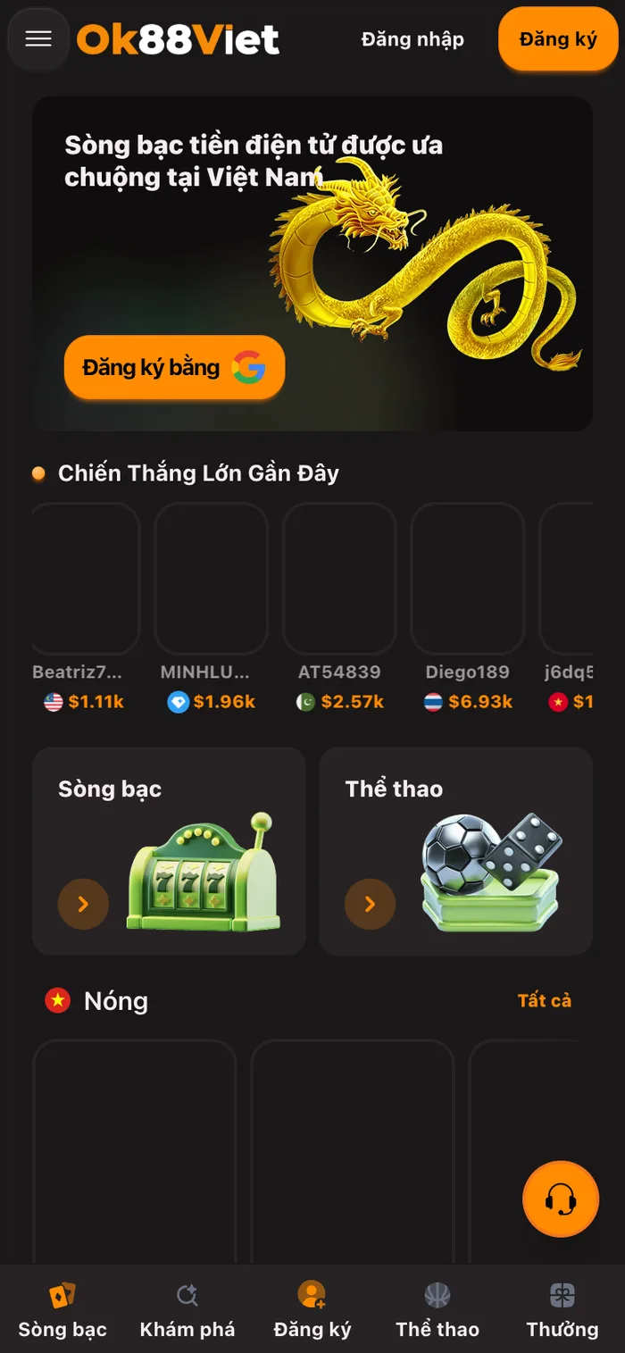 Trang chủ OK88 với hai thẻ Sòng bạc và Thể thao, phía dưới là mục Nóng