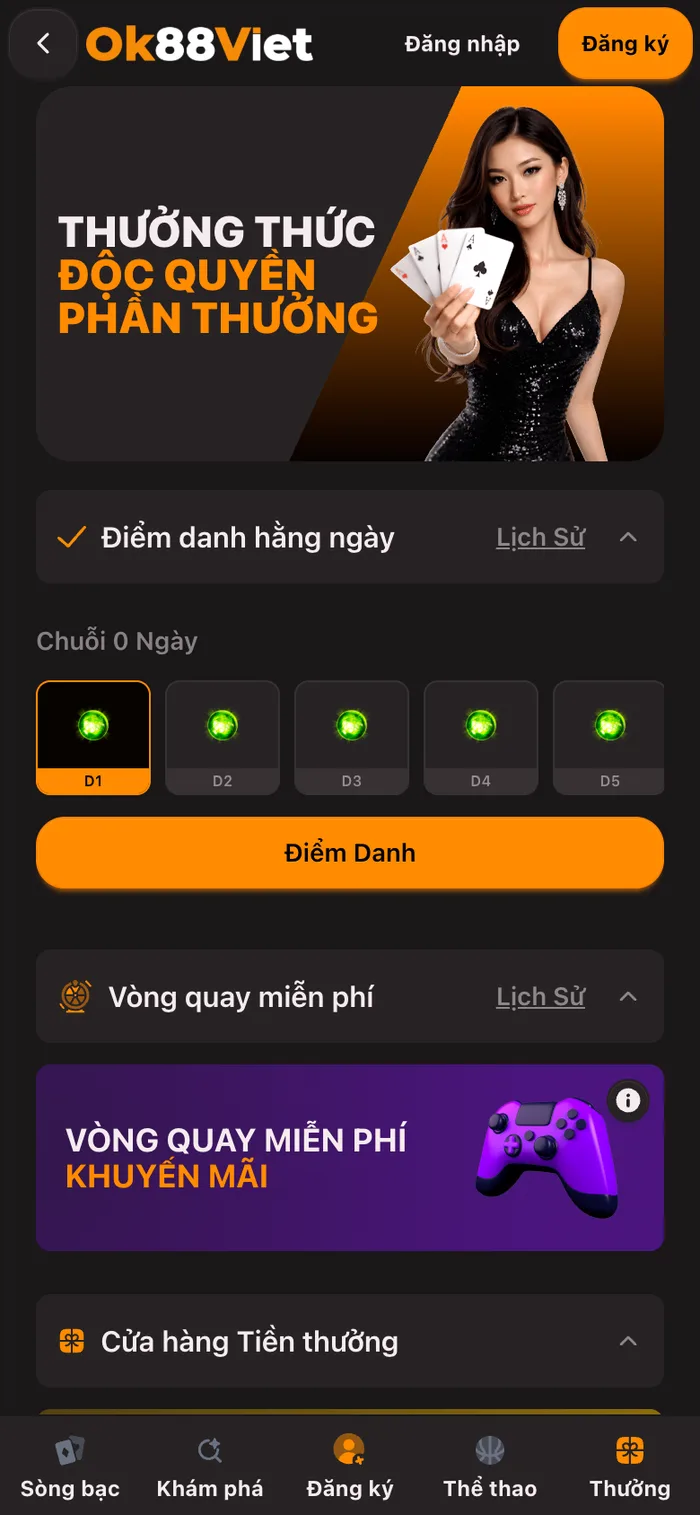 Trang thưởng OK88 với lịch điểm danh hằng ngày và ô Vòng quay miễn phí