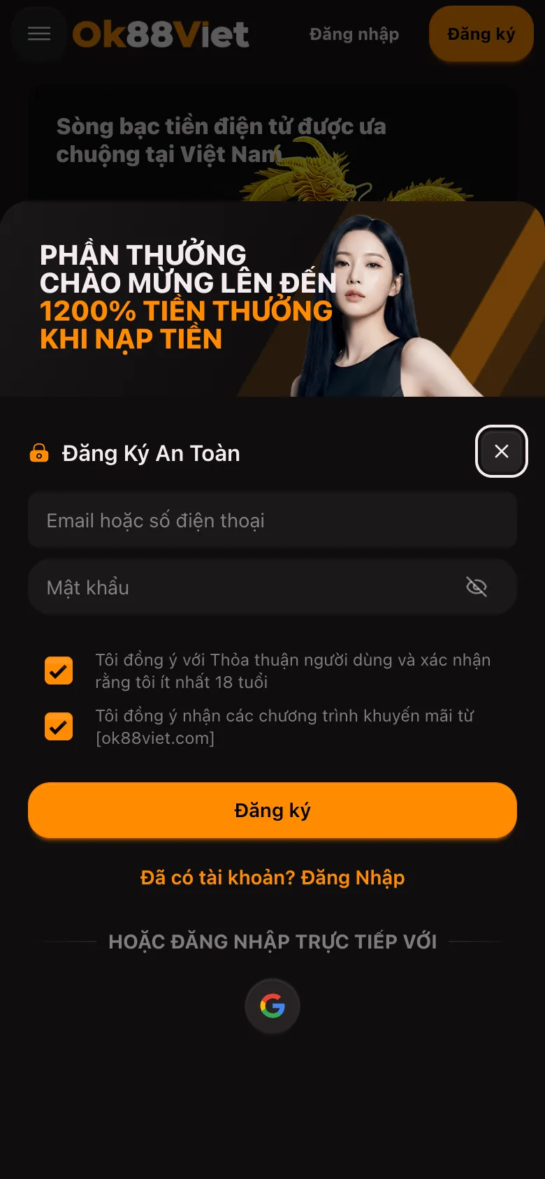 Chụp màn hình điện thoại ngày 03/08/2026: hộp đăng ký tài khoản, phía trên là tấm quảng cáo do trang tự đặt.