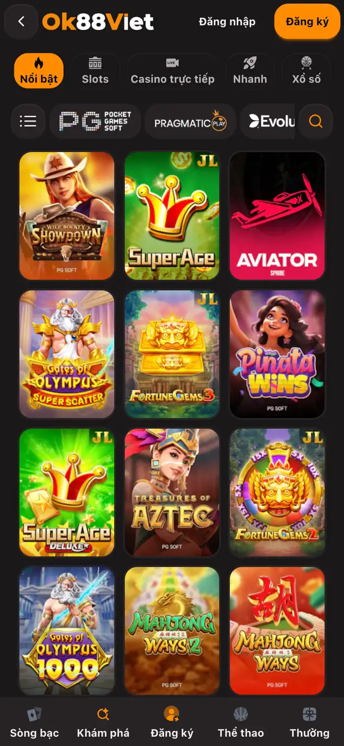 Lưới ô game của OK88 nằm dưới hàng tab, tab Nổi bật đang được chọn