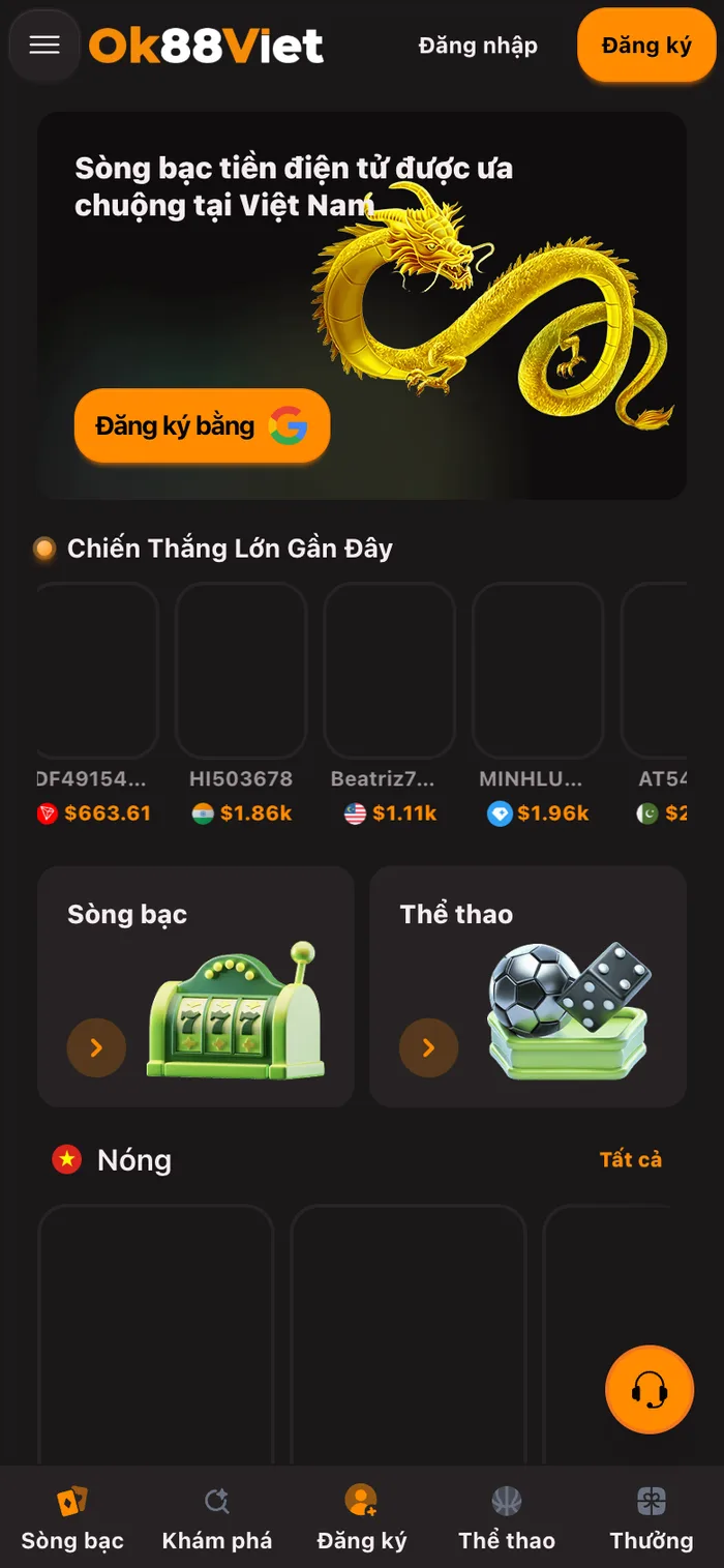 Toàn cảnh sảnh game OK88 với thanh điều hướng dưới cùng