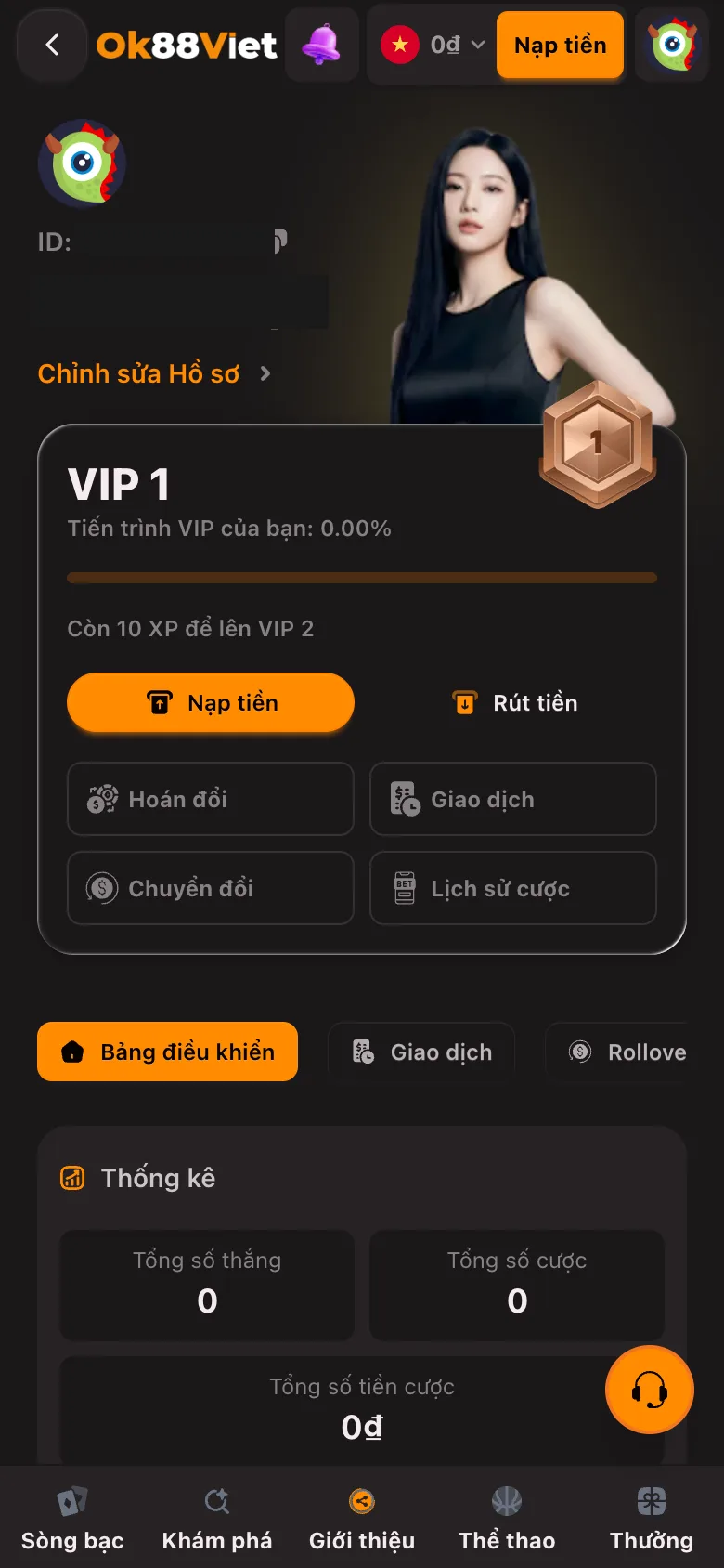 Trang hồ sơ OK88Viet với hàng thẻ chứa mục Rollover