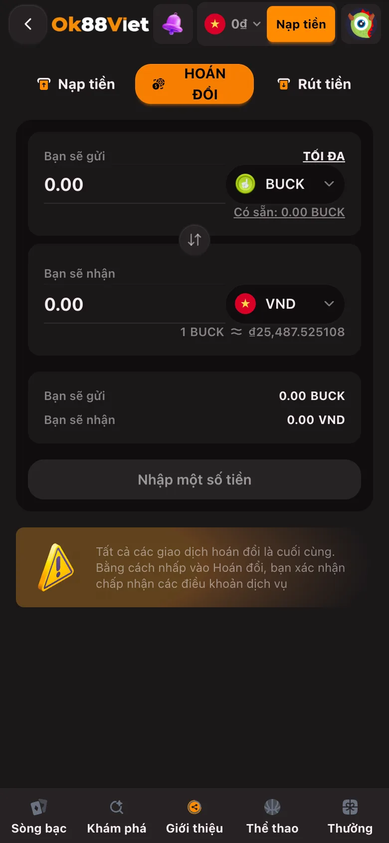 Thẻ Hoán đổi của OK88Viet với ô gửi BUCK và ô nhận VND