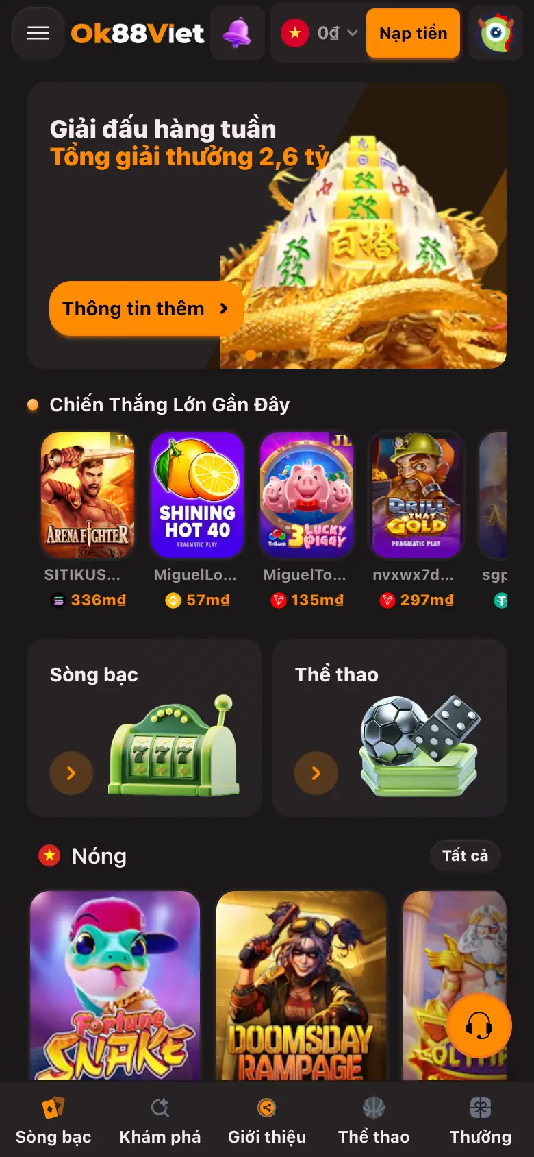 Sảnh chính OK88Viet với banner khuyến mãi, hai thẻ lớn và dải chiến thắng gần đây