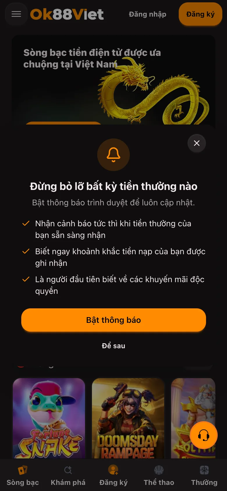Chụp màn hình điện thoại ngày 03/08/2026: lời mời bật thông báo trên trang chủ, viết bằng tiếng Việt.